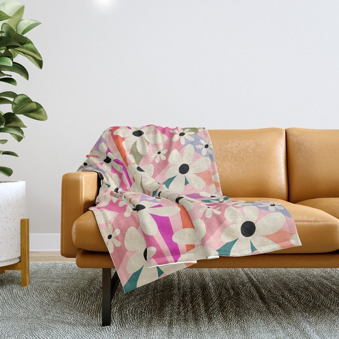 Retro Psychedelic Daisy Flower - Rainbow Color Throw Blanket Gallery Image 1
