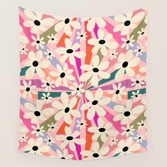 Retro Psychedelic Daisy Flower - Rainbow Color Wall Tapestry Gallery Image 1