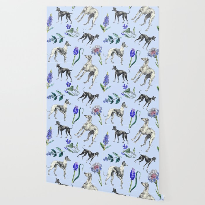 GREYHOUND DOGS and Blue Meadow Botanical Pattern  Wallpaper Gallery Image 2