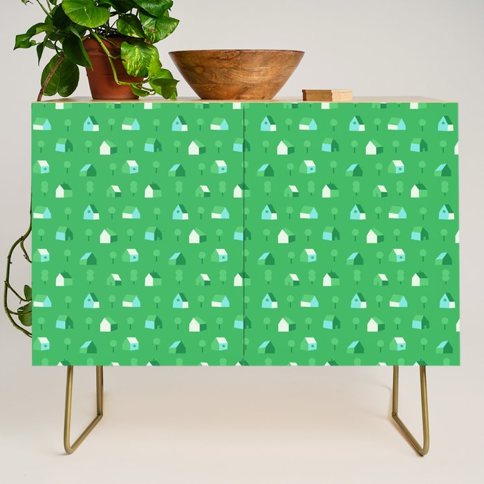 Green eco friendly house city pattern Credenza Gallery Image 1