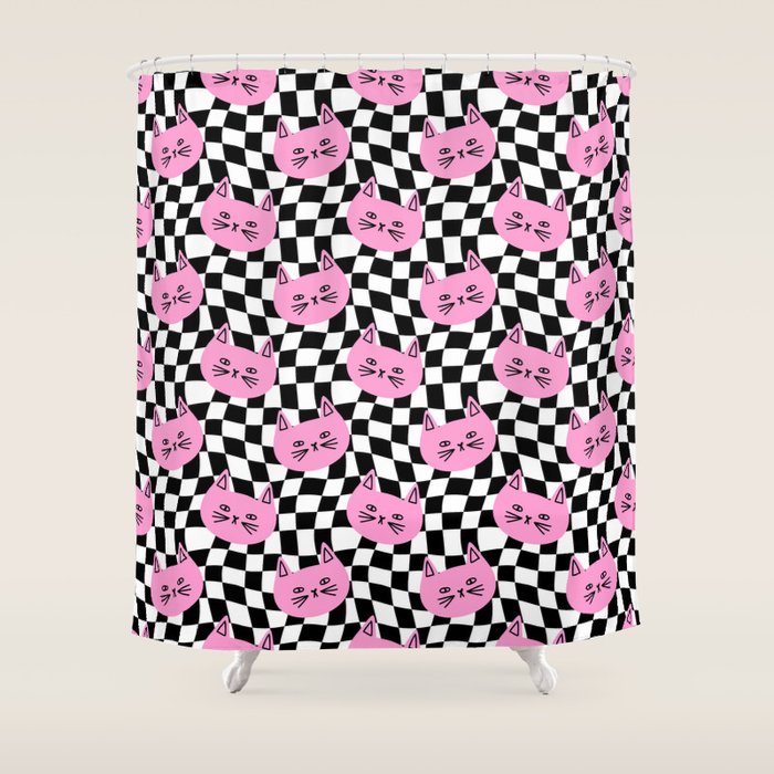Funny cat cartoon checkered pattern Shower Curtain Gallery Image 1