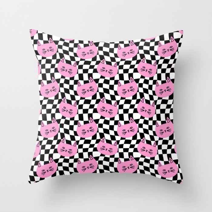 Funny cat cartoon checkered pattern Throw Pillow Gallery Image 6