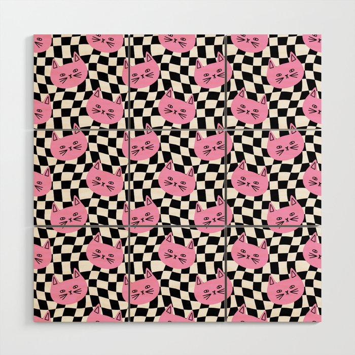 Funny cat cartoon checkered pattern Wood Wall Art Gallery Image 1
