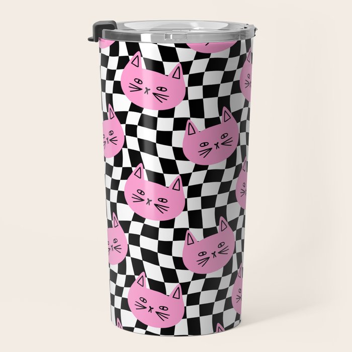 Funny cat cartoon checkered pattern Travel Mug Gallery Image 3