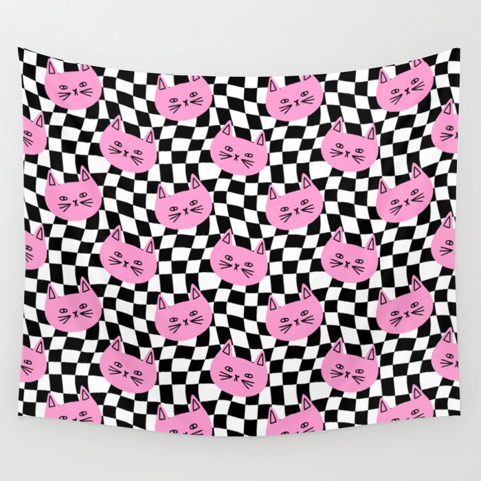 Funny cat cartoon checkered pattern Wall Tapestry Gallery Image 4