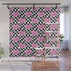 Funny cat cartoon checkered pattern Wall Mural Gallery Image 1