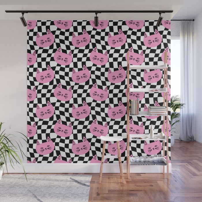 Funny cat cartoon checkered pattern Wall Mural Gallery Image 1