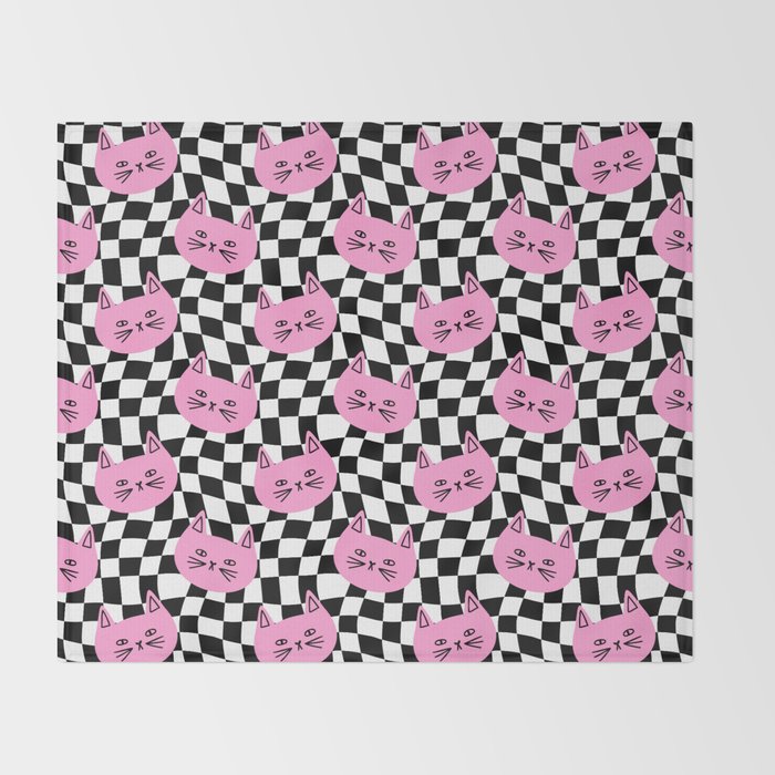 Funny cat cartoon checkered pattern Throw Blanket Gallery Image 2