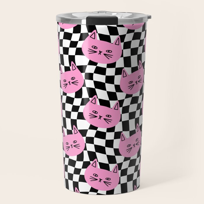 Funny cat cartoon checkered pattern Travel Mug Gallery Image 1