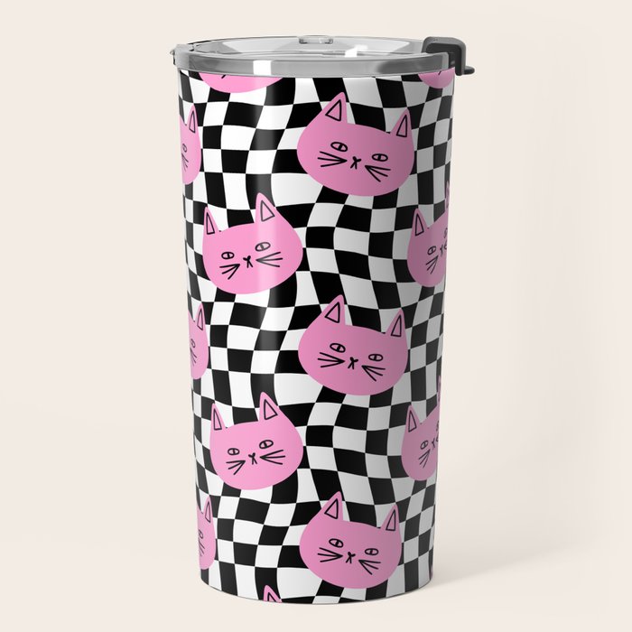 Funny cat cartoon checkered pattern Travel Mug Gallery Image 2