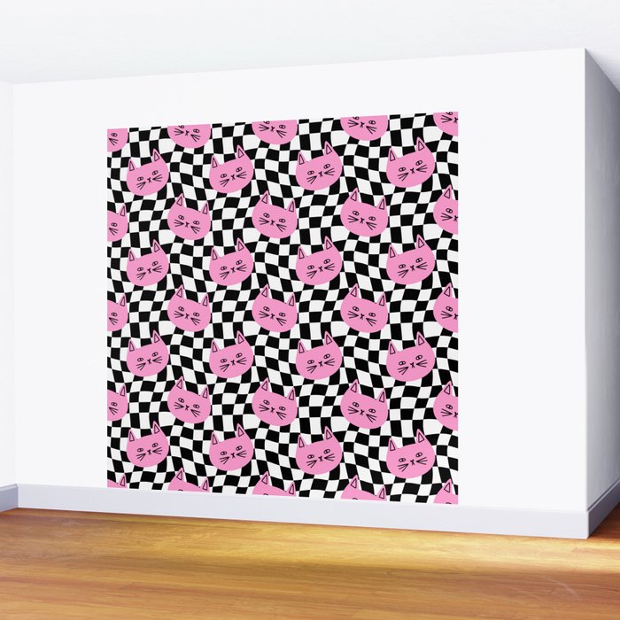 Funny cat cartoon checkered pattern Wall Mural Gallery Image 2