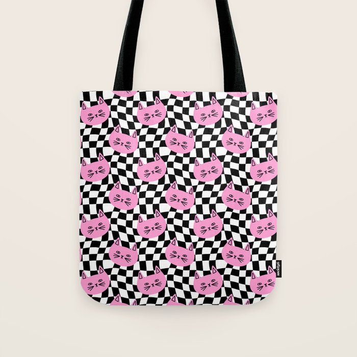 Funny cat cartoon checkered pattern Tote Bag Gallery Image 1
