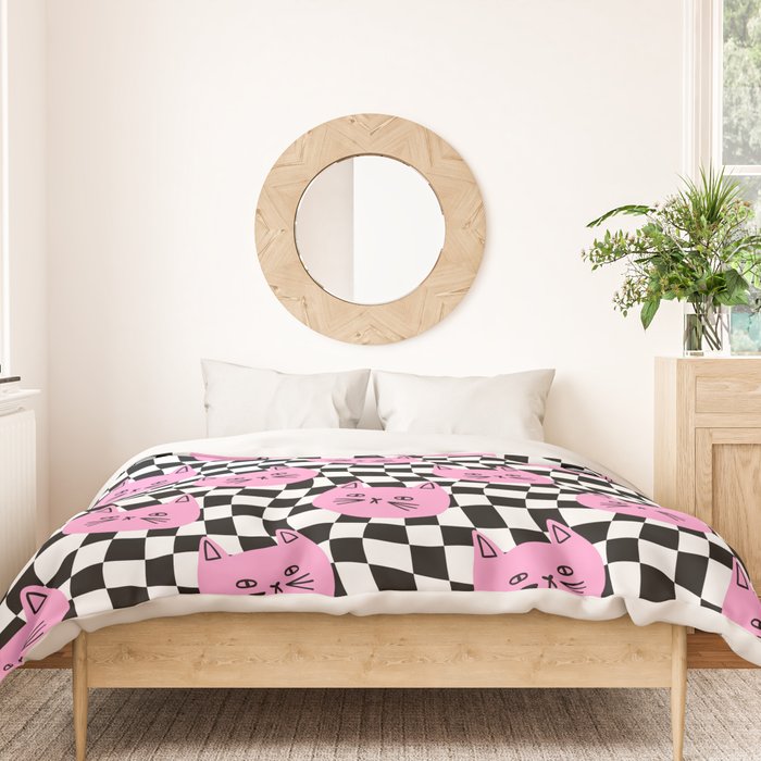 Funny cat cartoon checkered pattern Duvet Cover Gallery Image 3