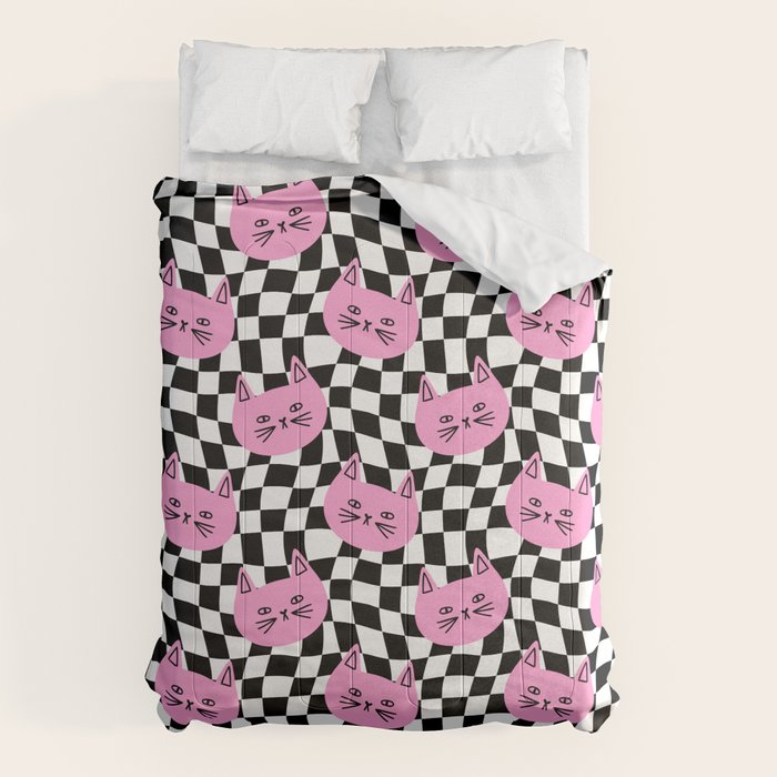 Funny cat cartoon checkered pattern Comforter Gallery Image 6