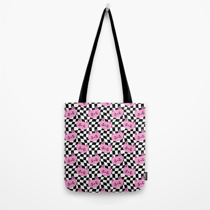 Funny cat cartoon checkered pattern Tote Bag Gallery Image 2