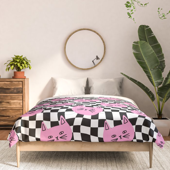 Funny cat cartoon checkered pattern Comforter Gallery Image 3
