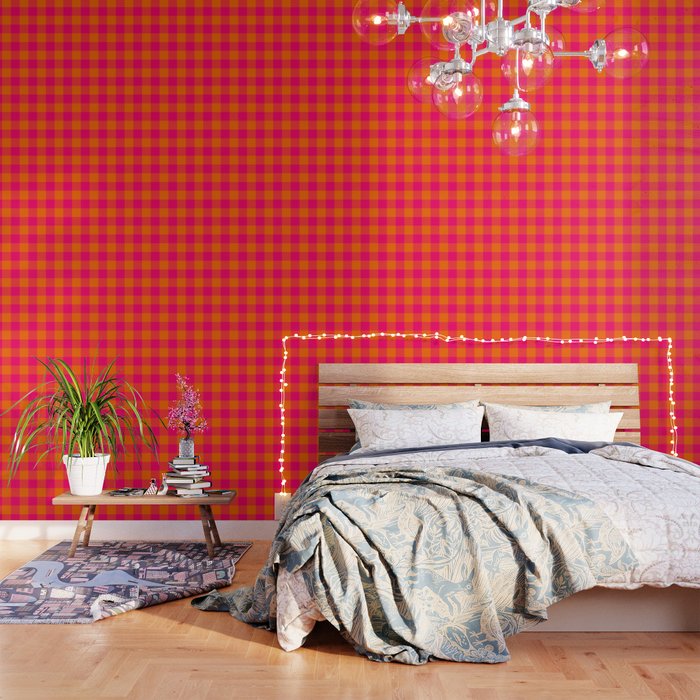 Modern Bright Pink and Orange Gingham Wallpaper Gallery Image 3