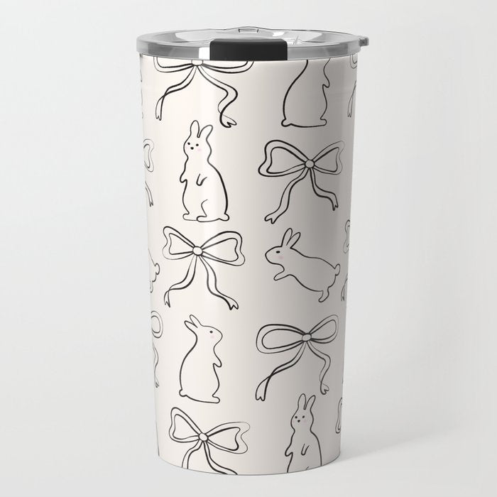 Ribbon Bows and Bunnies in Black and Linen White Travel Mug Gallery Image 1