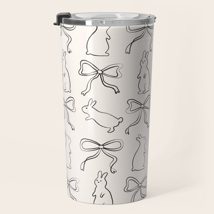 Ribbon Bows and Bunnies in Black and Linen White Travel Mug Gallery Image 3
