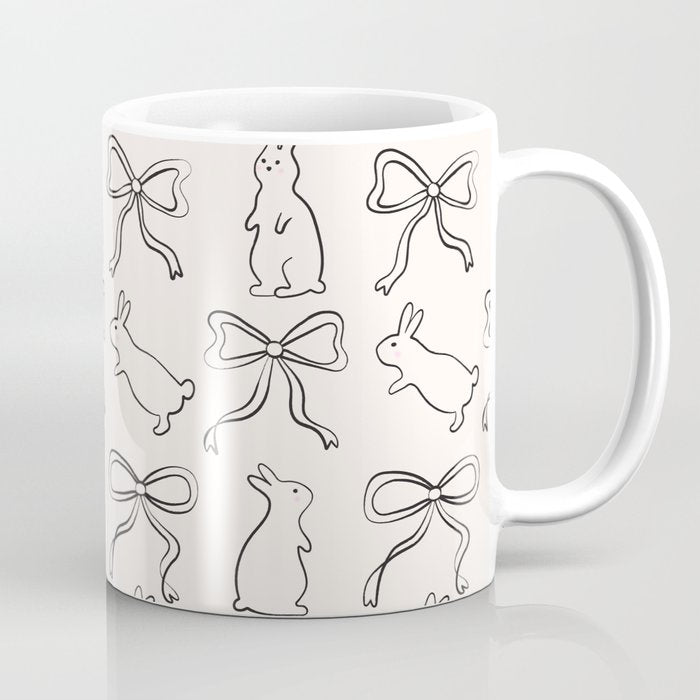 Ribbon Bows and Bunnies in Black and Linen White Coffee Mug Gallery Image 1