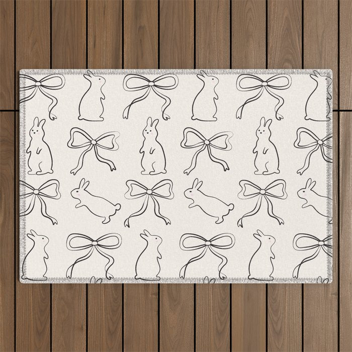 Ribbon Bows and Bunnies in Black and Linen White Outdoor Rug Gallery Image 1
