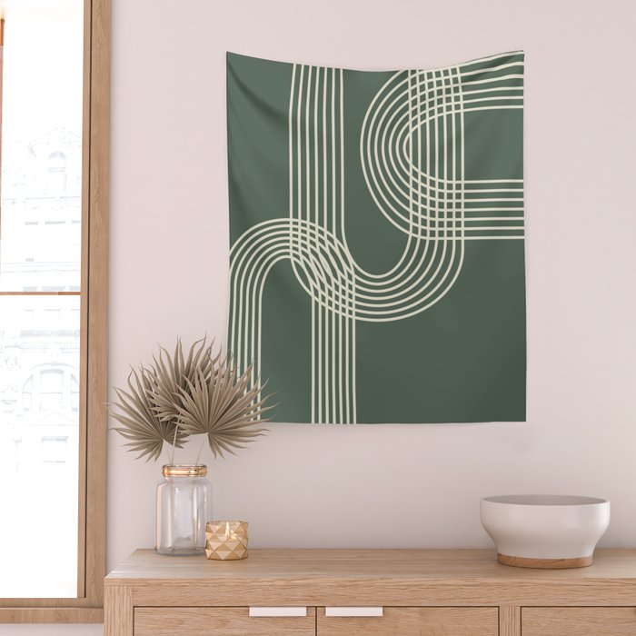 Minimalist Lines in Forest Green Wall Tapestry Gallery Image 2