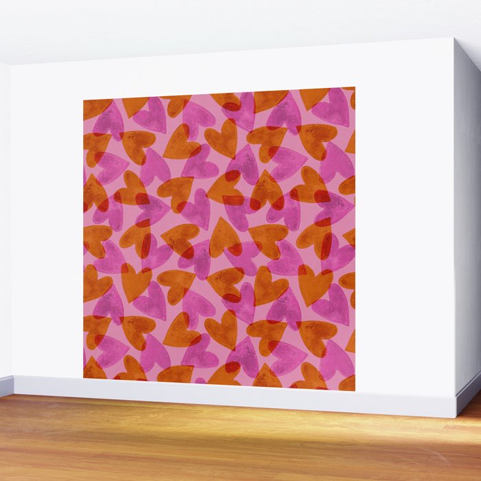 Linocut Hearts / Pink & Orange Wall Mural Gallery Image 2