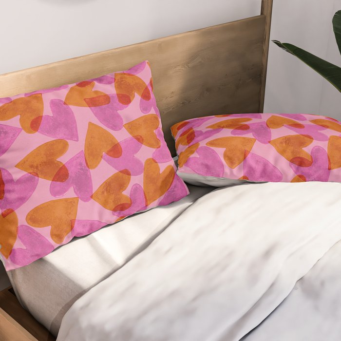 Linocut Hearts / Pink & Orange Pillow Sham Gallery Image 2