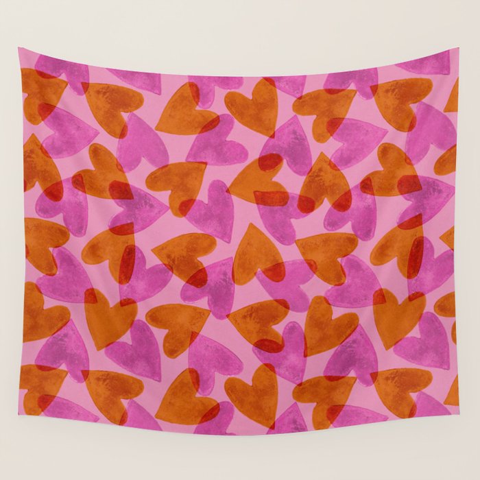 Linocut Hearts / Pink & Orange Wall Tapestry Gallery Image 4