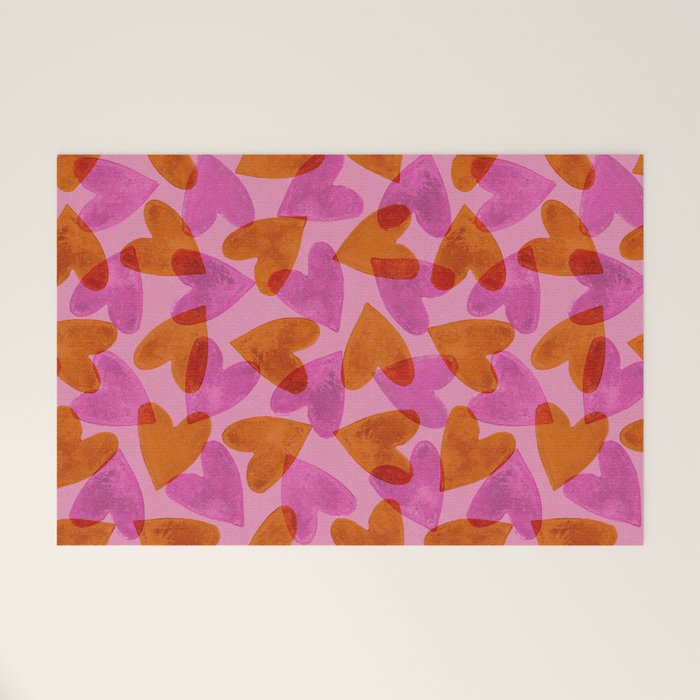 Linocut Hearts / Pink & Orange Welcome Mat Gallery Image 1
