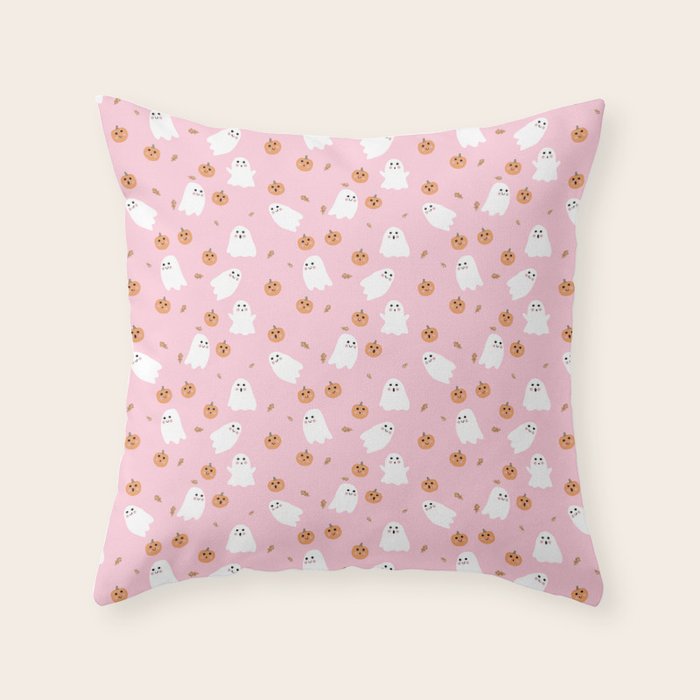  Cute Ghost Pumpkin Pink Halloween Throw Pillow Gallery Image 1