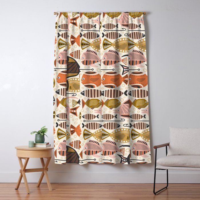 Mid Mod Deep Sea Fishing Ivory Window Curtain Gallery Image 1
