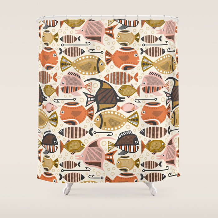Mid Mod Deep Sea Fishing Ivory Shower Curtain Gallery Image 1