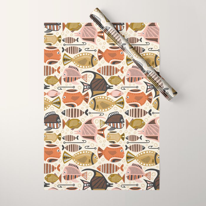 Mid Mod Deep Sea Fishing Ivory Wrapping Paper Gallery Image 1