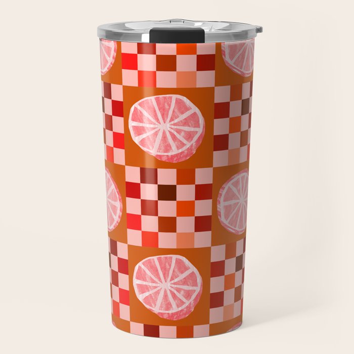 Checkered Sliced Citrus Fruit in Red & Peach Pink Travel Mug Gallery Image 1