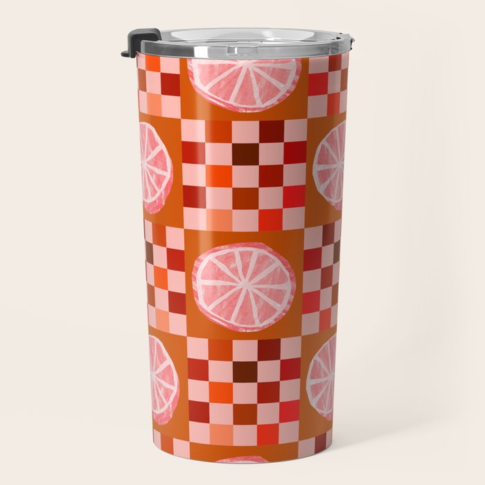 Checkered Sliced Citrus Fruit in Red & Peach Pink Travel Mug Gallery Image 3