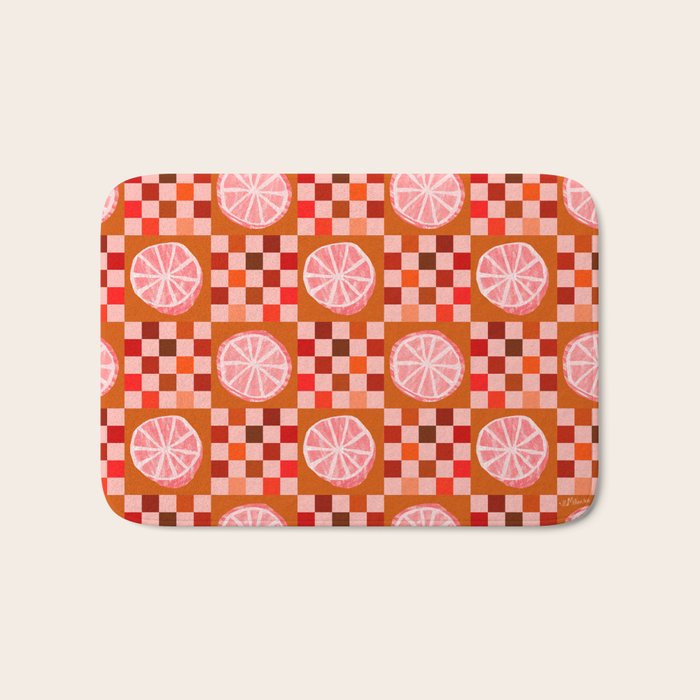 Checkered Sliced Citrus Fruit in Red & Peach Pink Bath Mat Gallery Image 1