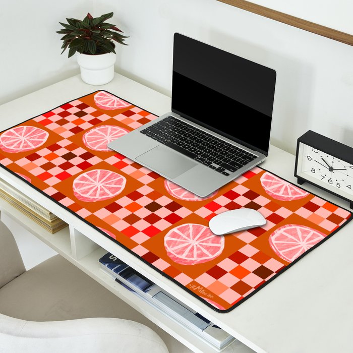 Checkered Sliced Citrus Fruit in Red & Peach Pink Desk Mat Gallery Image 2