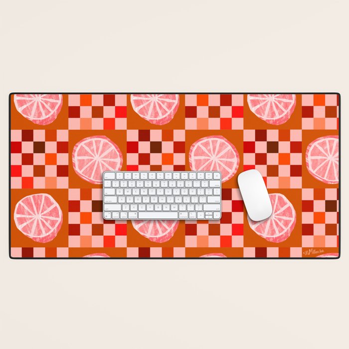 Checkered Sliced Citrus Fruit in Red & Peach Pink Desk Mat Gallery Image 1