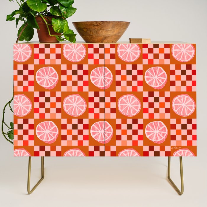 Checkered Sliced Citrus Fruit in Red & Peach Pink Credenza Gallery Image 1