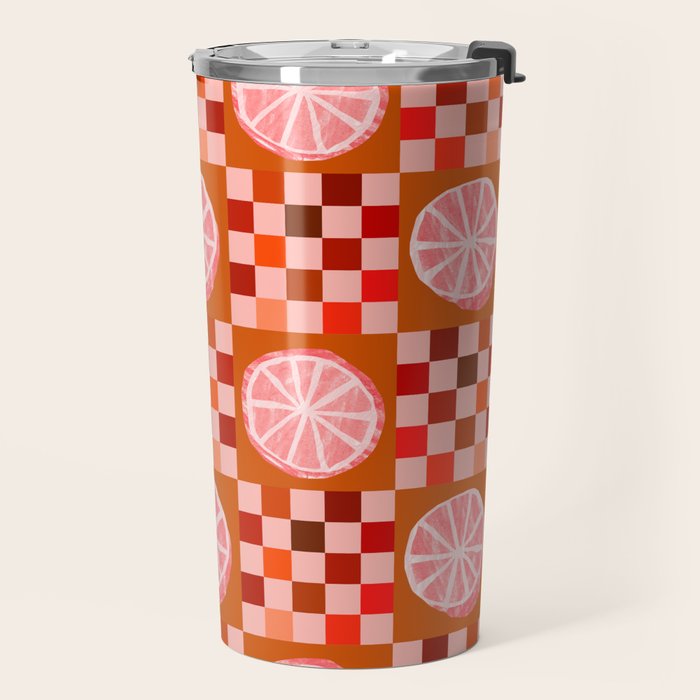 Checkered Sliced Citrus Fruit in Red & Peach Pink Travel Mug Gallery Image 2