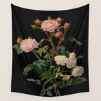 Vintage Botanical Illustration Beautiful Lush Roses Flowers Black Background Wall Tapestry Gallery Image 4