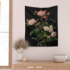 Vintage Botanical Illustration Beautiful Lush Roses Flowers Black Background Wall Tapestry Gallery Image 2