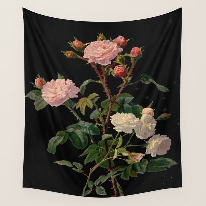 Vintage Botanical Illustration Beautiful Lush Roses Flowers Black Background Wall Tapestry Gallery Image 1