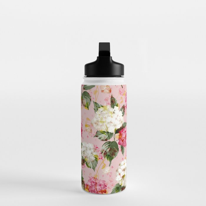 Vintage green pink white bohemian hortensia flowers Water Bottle Gallery Image 3