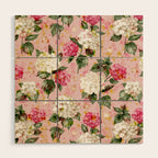 Vintage green pink white bohemian hortensia flowers Wood Wall Art Gallery Image 1
