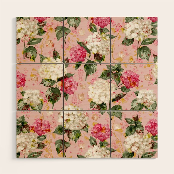 Vintage green pink white bohemian hortensia flowers Wood Wall Art Gallery Image 1
