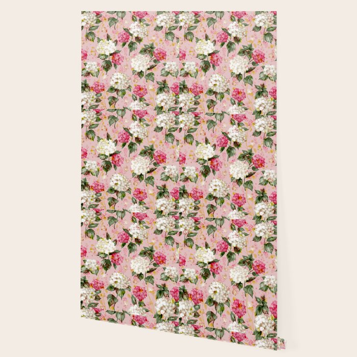 Vintage green pink white bohemian hortensia flowers Wallpaper Gallery Image 2
