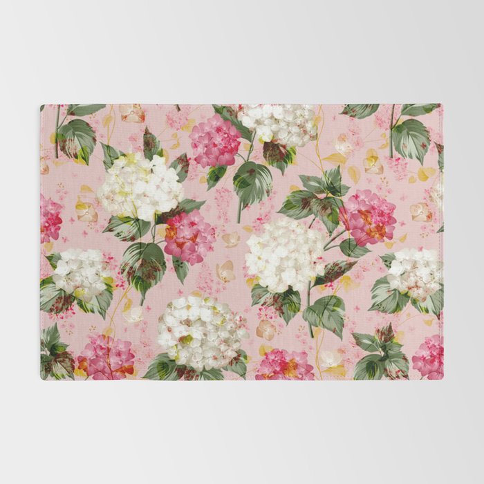 Vintage green pink white bohemian hortensia flowers Rug Gallery Image 2