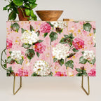 Vintage green pink white bohemian hortensia flowers Credenza Gallery Image 1
